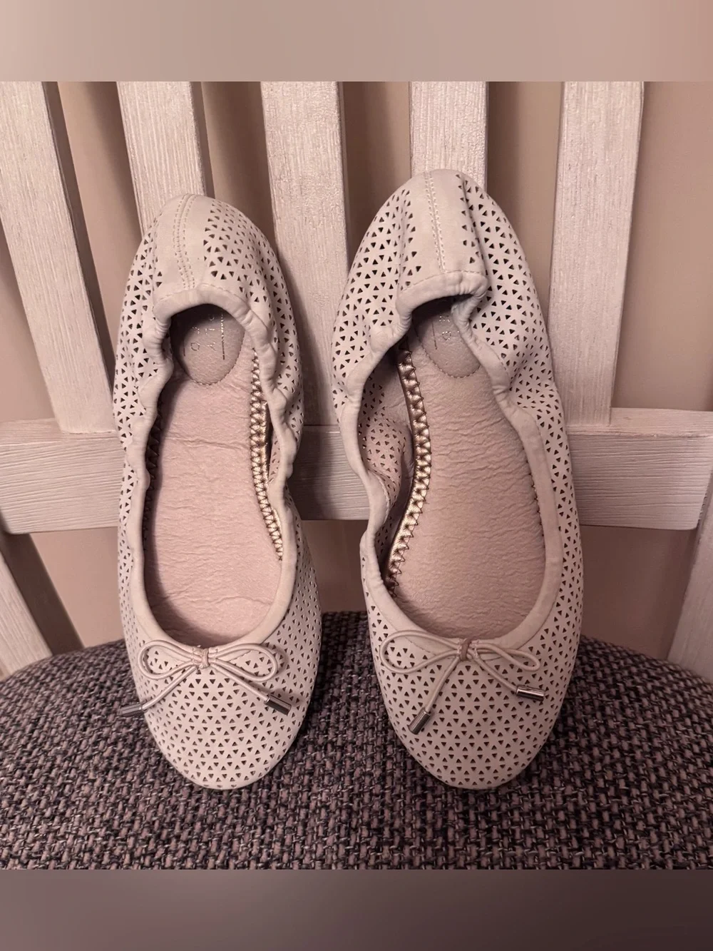 Simply Styled Cream Perforated Ballet Flats with Bow